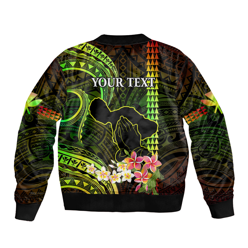 Personalised Hawaii Bomber Jacket Pray For Maui Hawaiian Plumeria Be Strong Reggae Verison - Wonder Print Shop