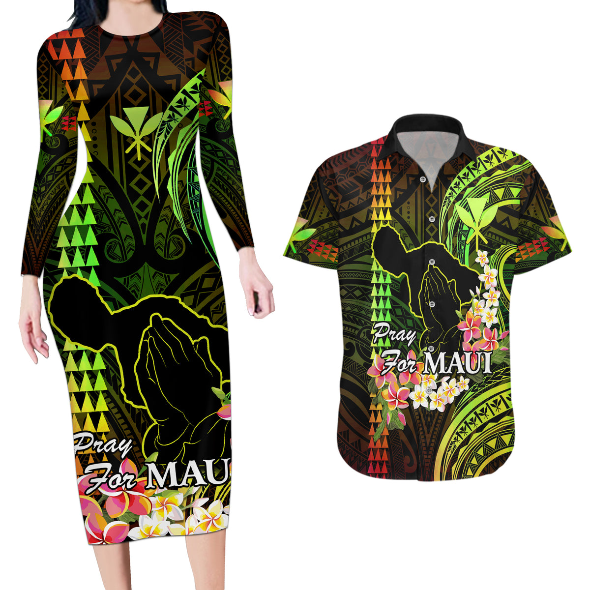 Personalised Hawaii Couples Matching Long Sleeve Bodycon Dress and Hawaiian Shirt Pray For Maui Hawaiian Plumeria Be Strong Reggae Verison - Wonder Print Shop