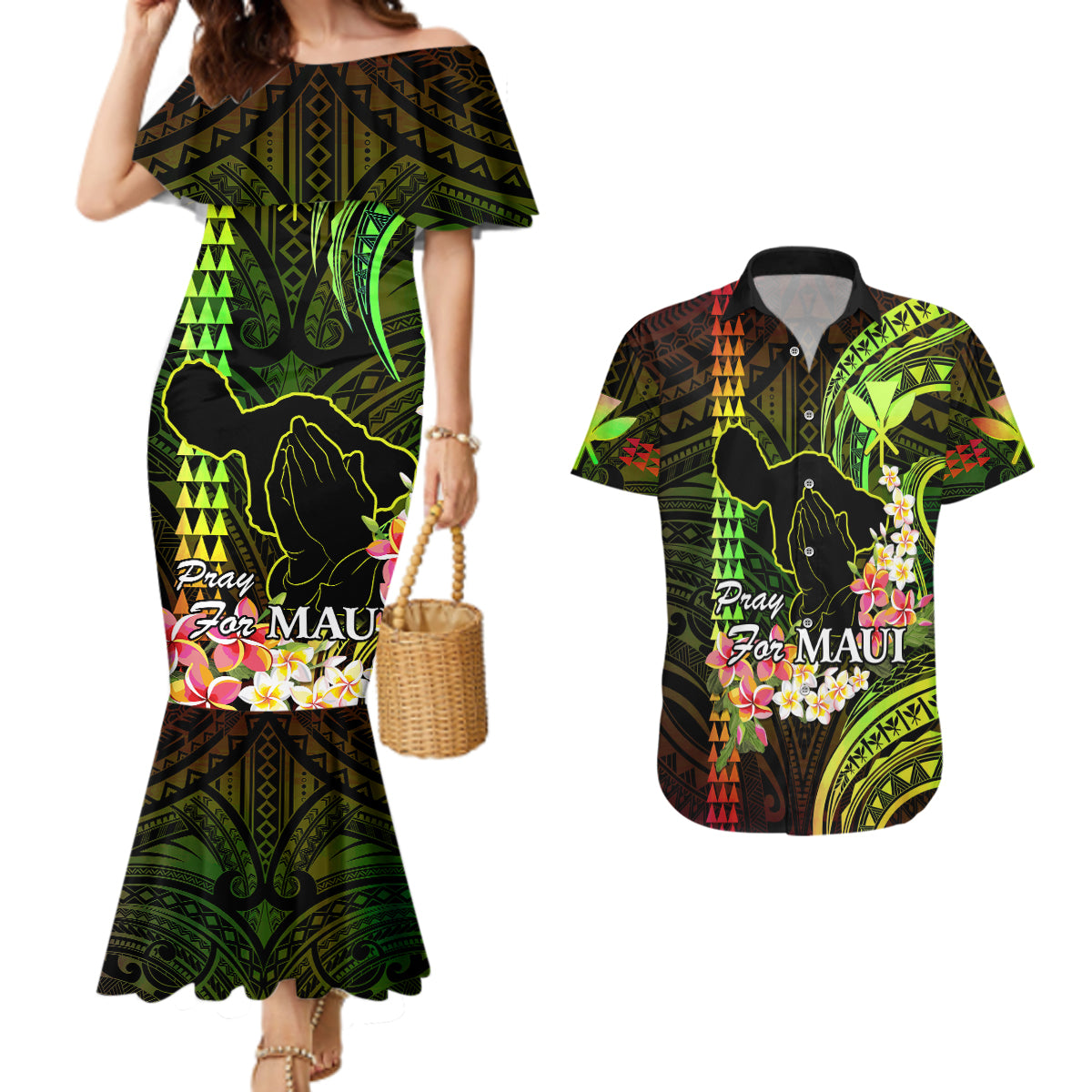 Personalised Hawaii Couples Matching Mermaid Dress and Hawaiian Shirt Pray For Maui Hawaiian Plumeria Be Strong Reggae Verison - Wonder Print Shop
