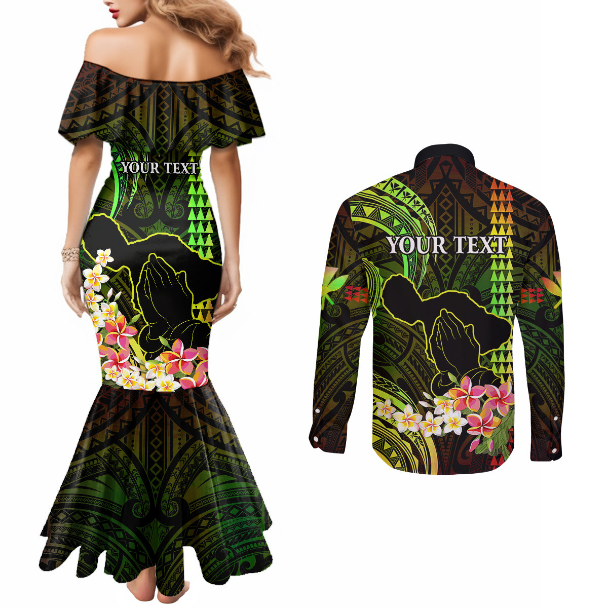 personalised-hawaii-couples-matching-mermaid-dress-and-long-sleeve-button-shirts-pray-for-maui-hawaiian-plumeria-be-strong-reggae-verison