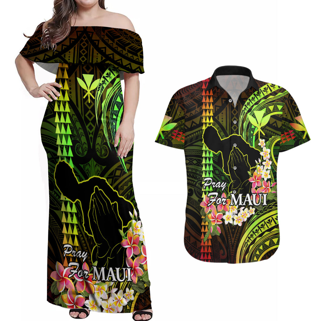 Personalised Hawaii Couples Matching Off Shoulder Maxi Dress and Hawaiian Shirt Pray For Maui Hawaiian Plumeria Be Strong Reggae Verison - Wonder Print Shop