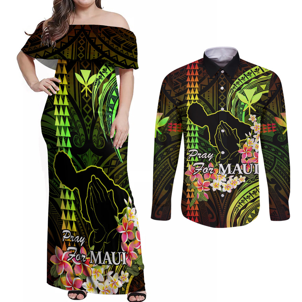 Personalised Hawaii Couples Matching Off Shoulder Maxi Dress and Long Sleeve Button Shirts Pray For Maui Hawaiian Plumeria Be Strong Reggae Verison - Wonder Print Shop