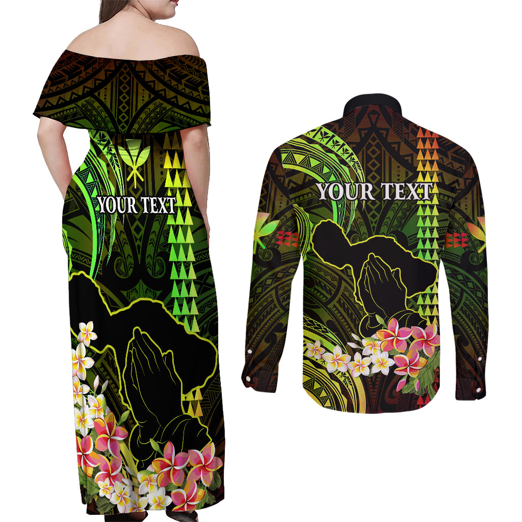 Personalised Hawaii Couples Matching Off Shoulder Maxi Dress and Long Sleeve Button Shirts Pray For Maui Hawaiian Plumeria Be Strong Reggae Verison - Wonder Print Shop