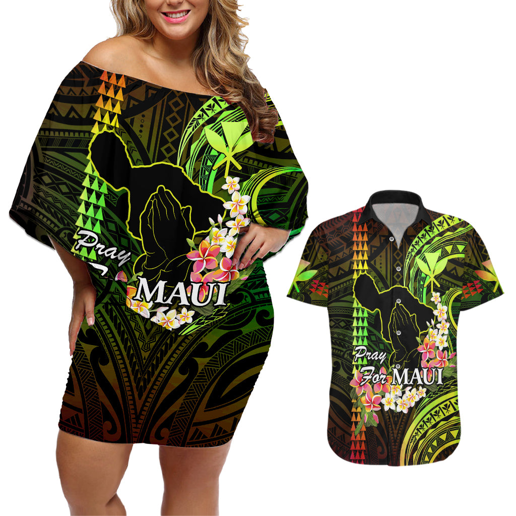Personalised Hawaii Couples Matching Off Shoulder Short Dress and Hawaiian Shirt Pray For Maui Hawaiian Plumeria Be Strong Reggae Verison - Wonder Print Shop