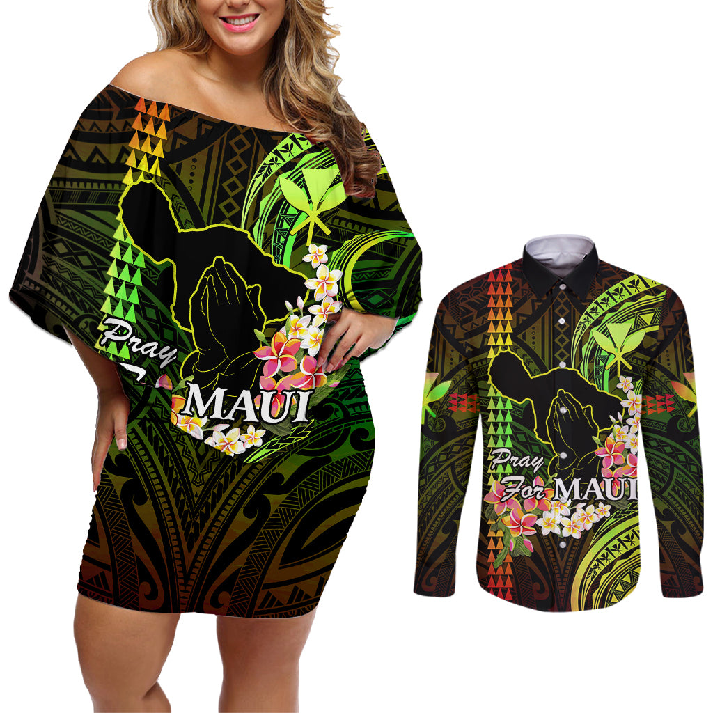 Personalised Hawaii Couples Matching Off Shoulder Short Dress and Long Sleeve Button Shirts Pray For Maui Hawaiian Plumeria Be Strong Reggae Verison - Wonder Print Shop