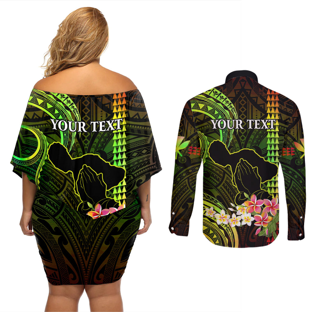 Personalised Hawaii Couples Matching Off Shoulder Short Dress and Long Sleeve Button Shirts Pray For Maui Hawaiian Plumeria Be Strong Reggae Verison - Wonder Print Shop