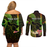 Personalised Hawaii Couples Matching Off Shoulder Short Dress and Long Sleeve Button Shirts Pray For Maui Hawaiian Plumeria Be Strong Reggae Verison - Wonder Print Shop