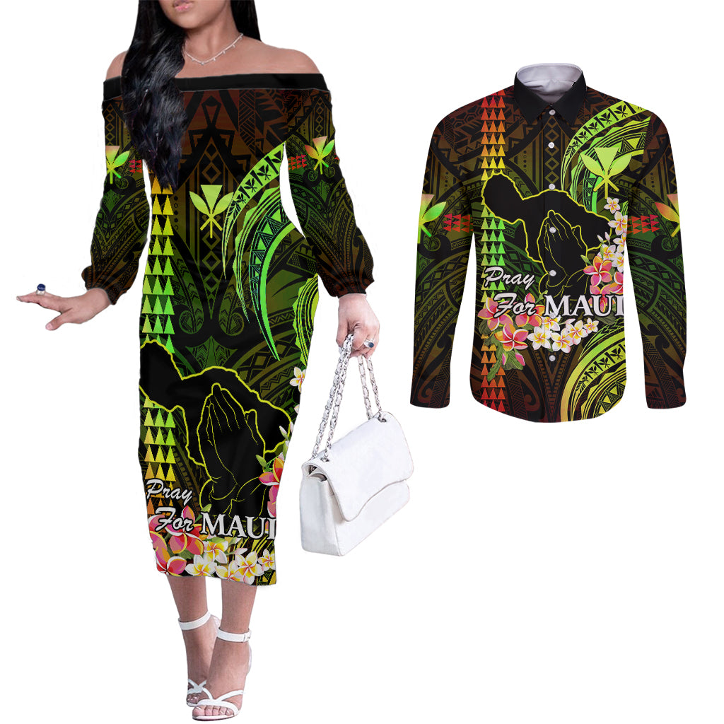 personalised-hawaii-couples-matching-off-the-shoulder-long-sleeve-dress-and-long-sleeve-button-shirts-pray-for-maui-hawaiian-plumeria-be-strong-reggae-verison