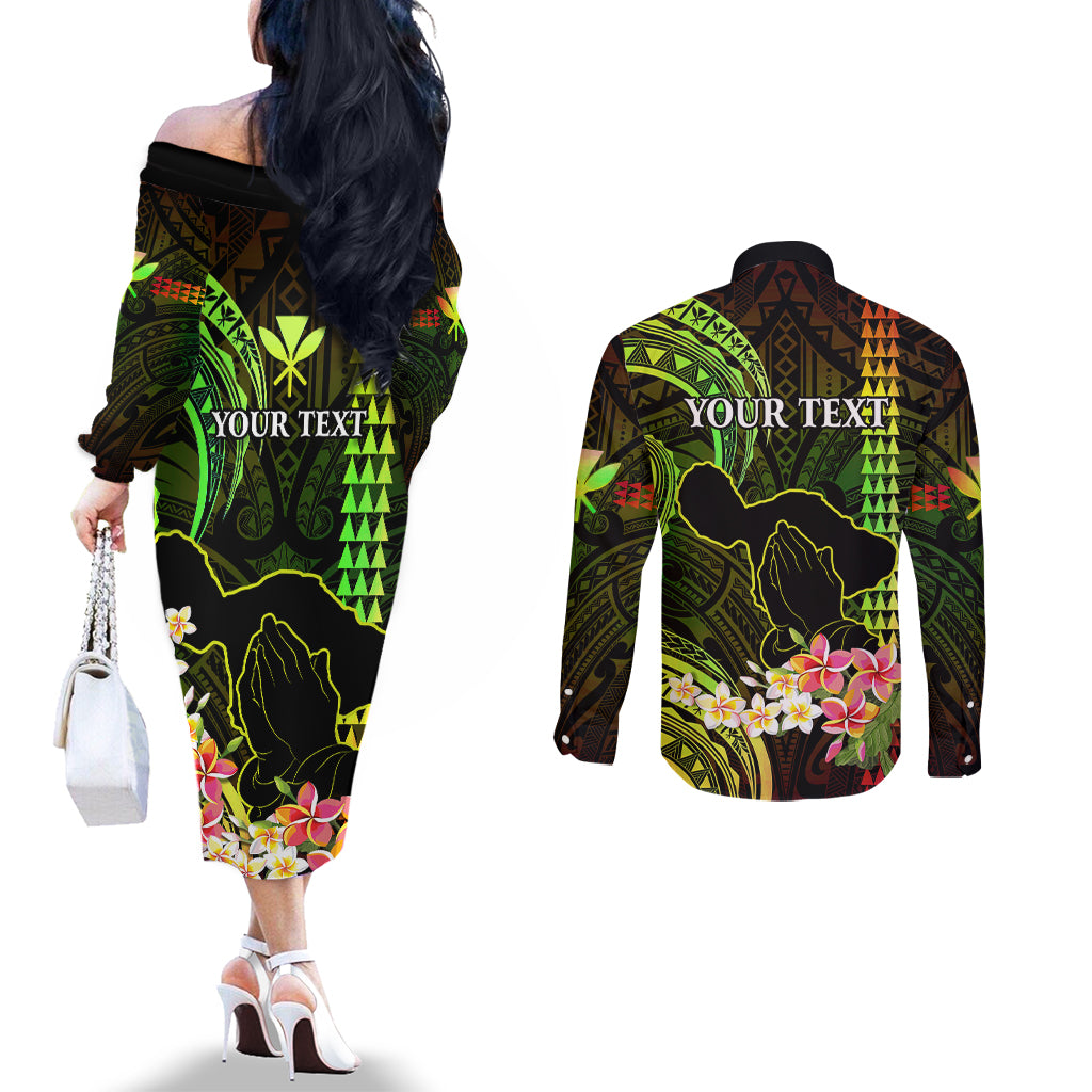 personalised-hawaii-couples-matching-off-the-shoulder-long-sleeve-dress-and-long-sleeve-button-shirts-pray-for-maui-hawaiian-plumeria-be-strong-reggae-verison