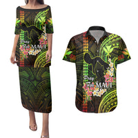 Personalised Hawaii Couples Matching Puletasi Dress and Hawaiian Shirt Pray For Maui Hawaiian Plumeria Be Strong Reggae Verison - Wonder Print Shop