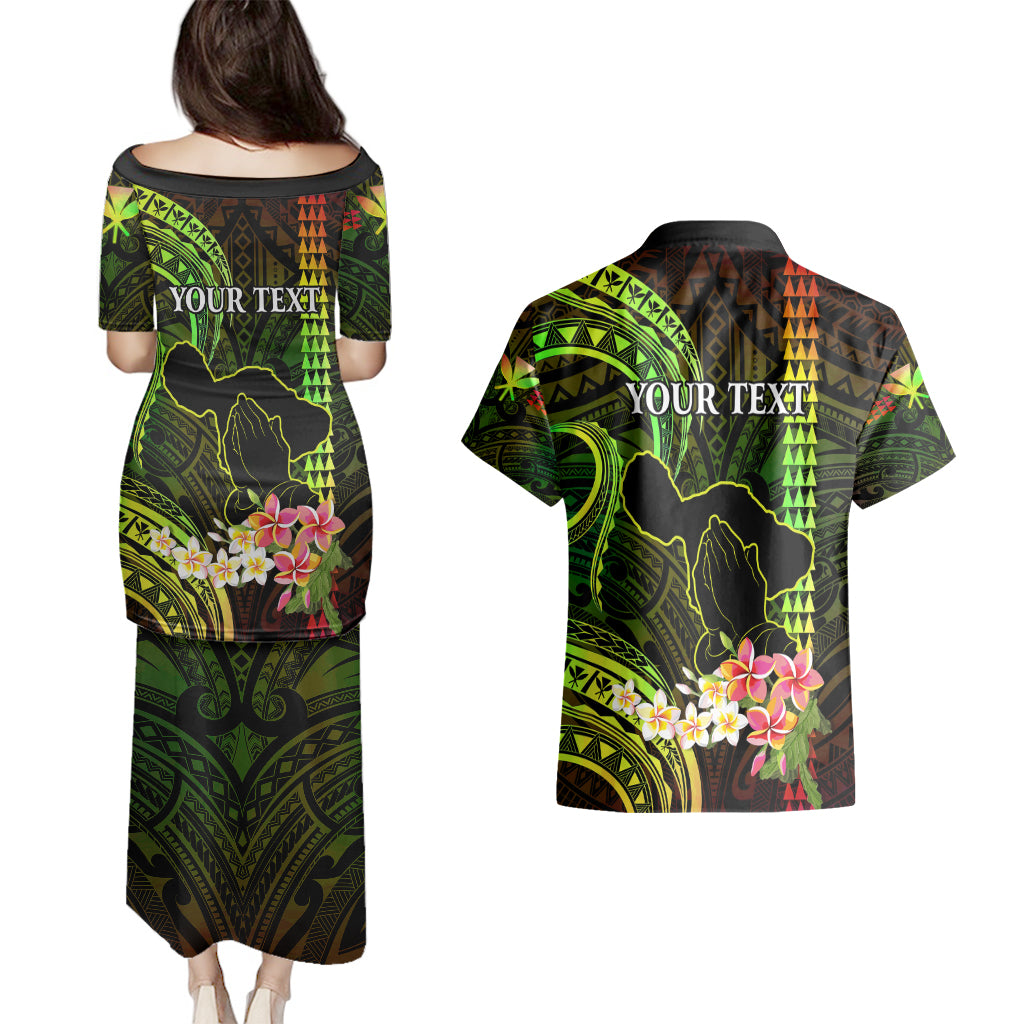 Personalised Hawaii Couples Matching Puletasi Dress and Hawaiian Shirt Pray For Maui Hawaiian Plumeria Be Strong Reggae Verison - Wonder Print Shop