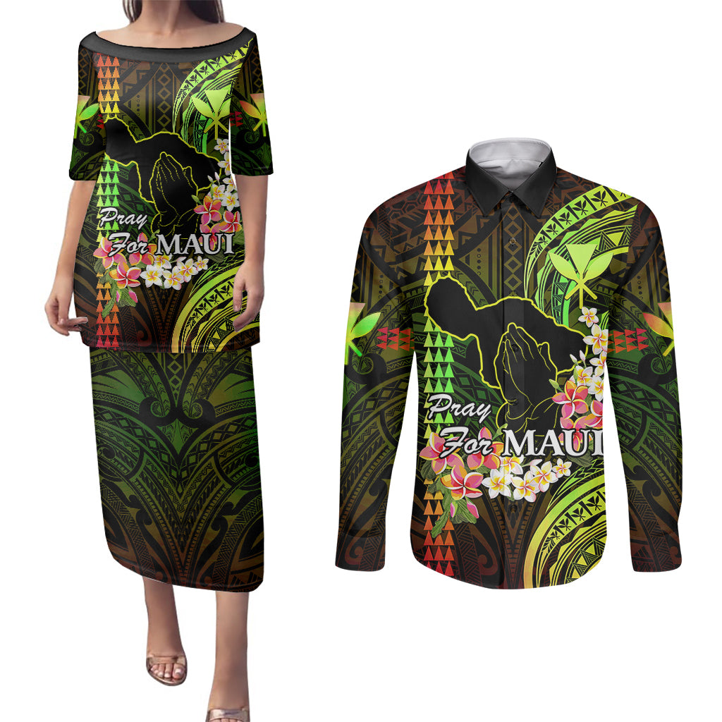 Personalised Hawaii Couples Matching Puletasi Dress and Long Sleeve Button Shirts Pray For Maui Hawaiian Plumeria Be Strong Reggae Verison - Wonder Print Shop