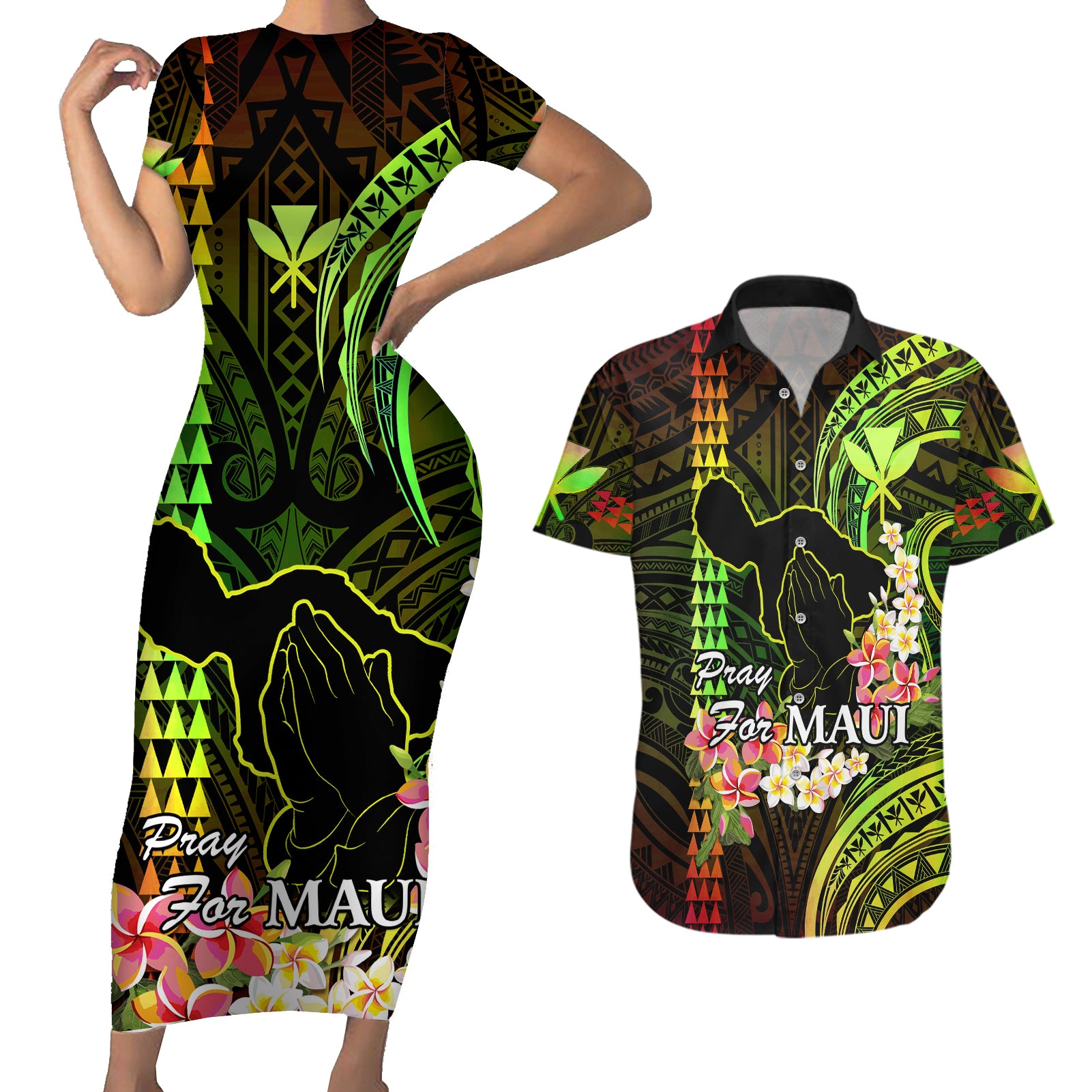 Personalised Hawaii Couples Matching Short Sleeve Bodycon Dress and Hawaiian Shirt Pray For Maui Hawaiian Plumeria Be Strong Reggae Verison - Wonder Print Shop