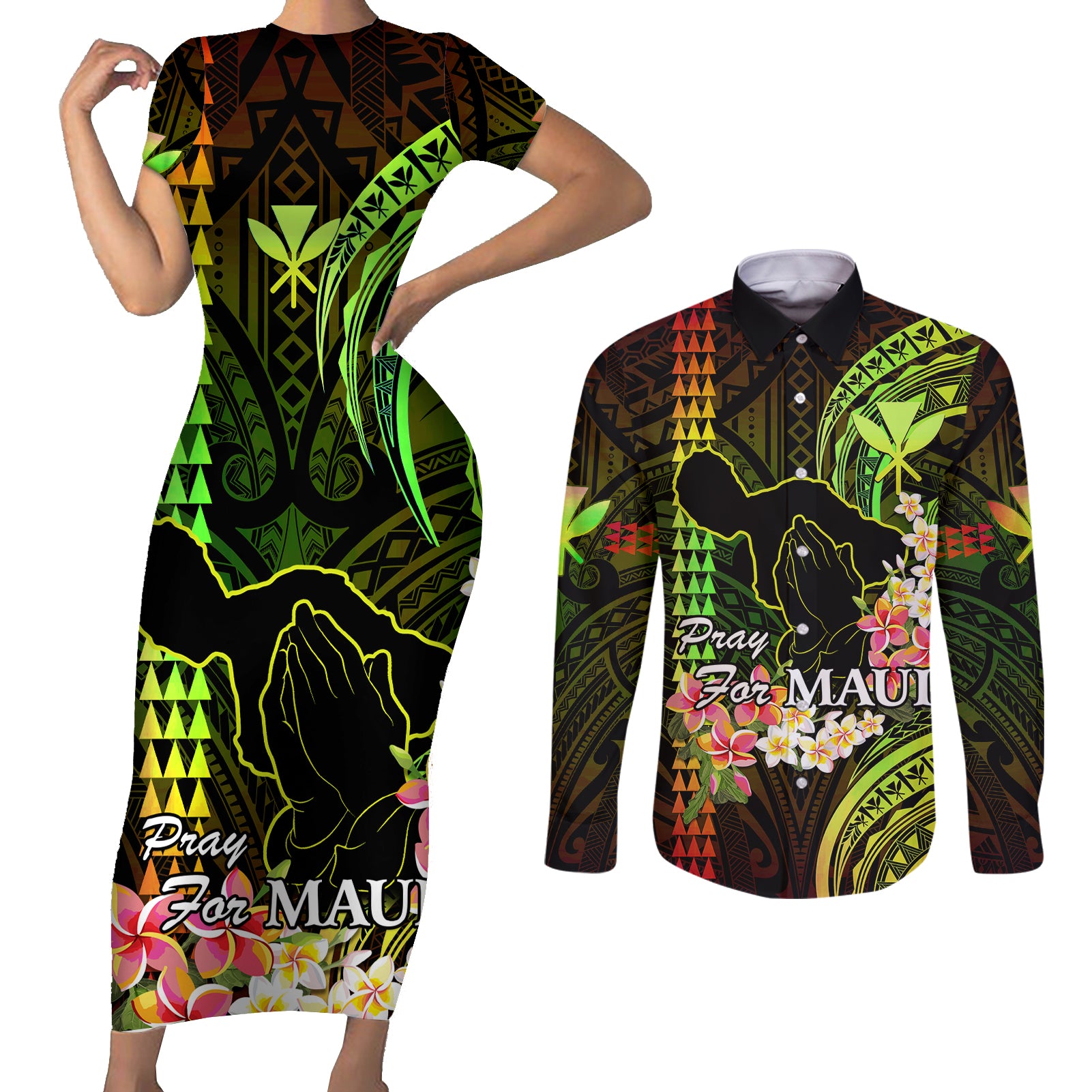 Personalised Hawaii Couples Matching Short Sleeve Bodycon Dress and Long Sleeve Button Shirts Pray For Maui Hawaiian Plumeria Be Strong Reggae Verison - Wonder Print Shop