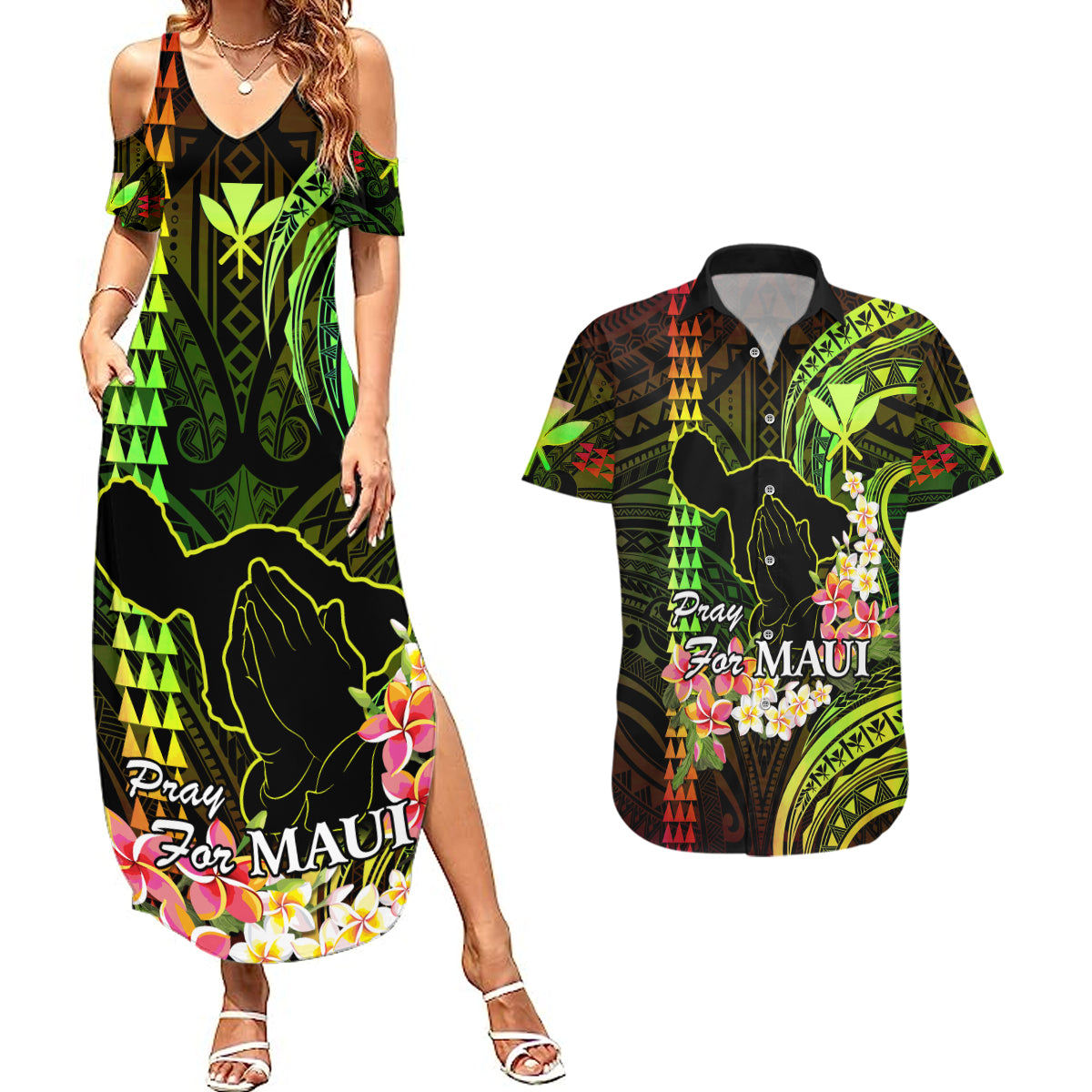 Personalised Hawaii Couples Matching Summer Maxi Dress and Hawaiian Shirt Pray For Maui Hawaiian Plumeria Be Strong Reggae Verison - Wonder Print Shop