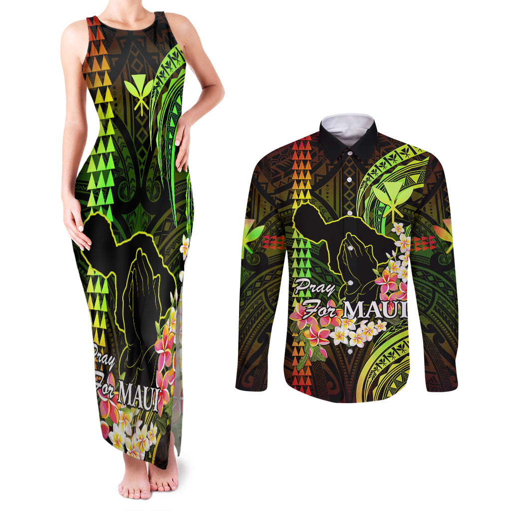 Personalised Hawaii Couples Matching Tank Maxi Dress and Long Sleeve Button Shirts Pray For Maui Hawaiian Plumeria Be Strong Reggae Verison - Wonder Print Shop