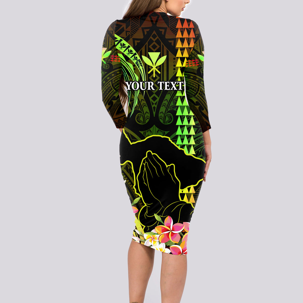 Personalised Hawaii Long Sleeve Bodycon Dress Pray For Maui Hawaiian Plumeria Be Strong Reggae Verison - Wonder Print Shop
