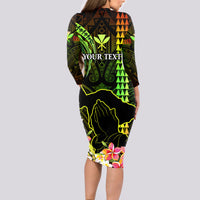 Personalised Hawaii Long Sleeve Bodycon Dress Pray For Maui Hawaiian Plumeria Be Strong Reggae Verison - Wonder Print Shop