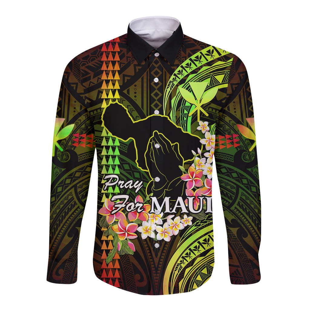Personalised Hawaii Long Sleeve Button Shirt Pray For Maui Hawaiian Plumeria Be Strong Reggae Verison - Wonder Print Shop