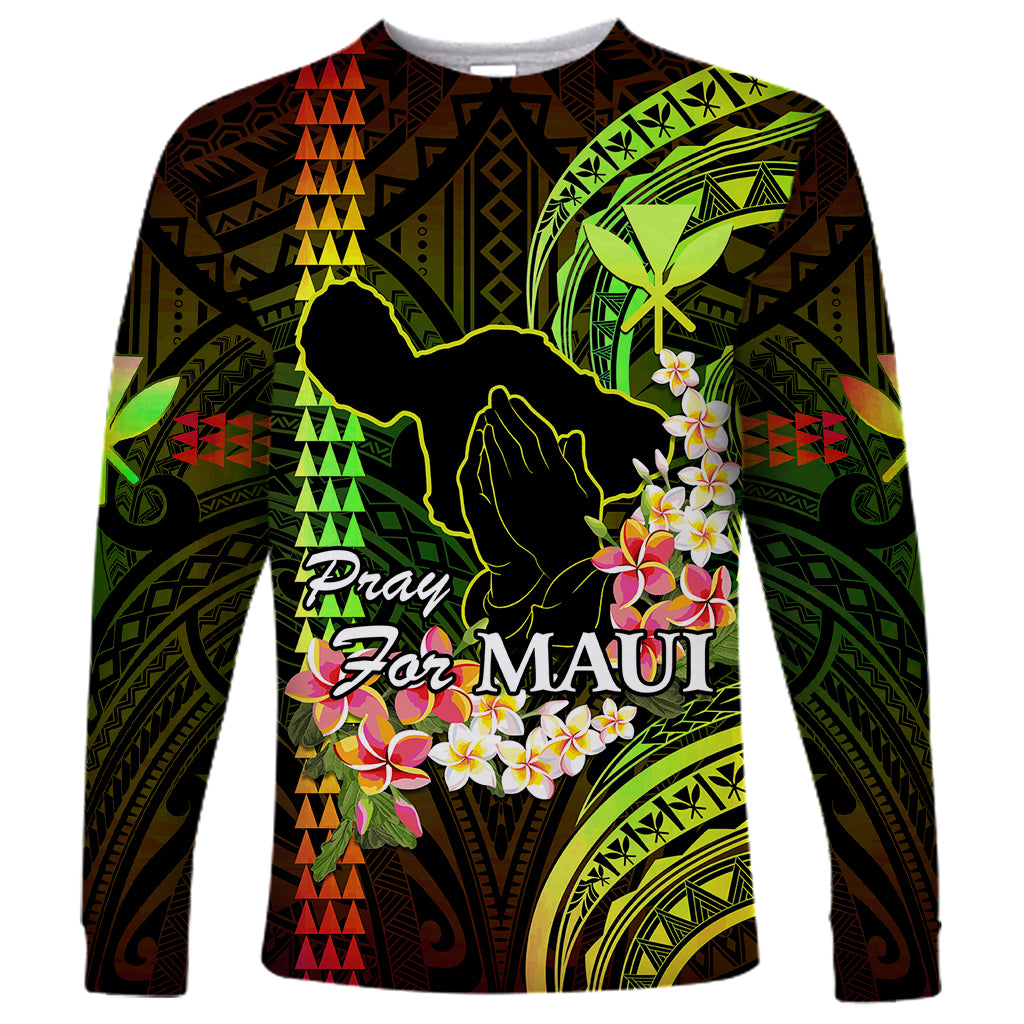 Personalised Hawaii Long Sleeve Shirt Pray For Maui Hawaiian Plumeria Be Strong Reggae Verison - Wonder Print Shop