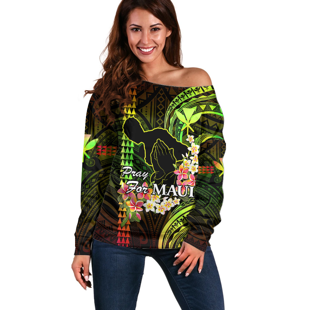Personalised Hawaii Off Shoulder Sweater Pray For Maui Hawaiian Plumeria Be Strong Reggae Verison - Wonder Print Shop