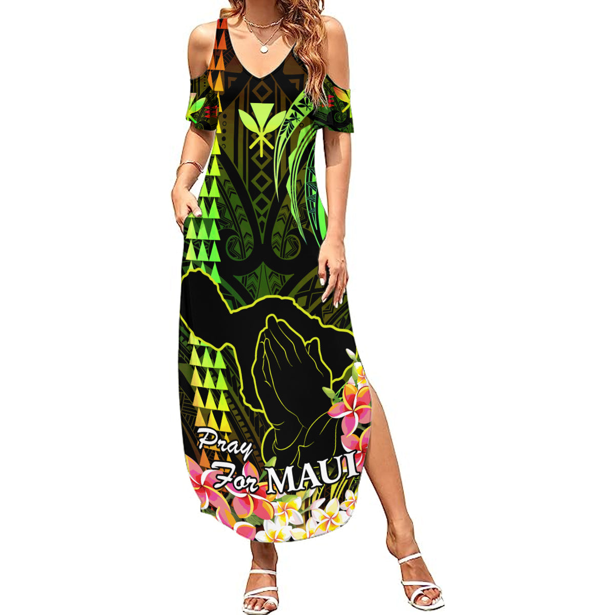 Personalised Hawaii Summer Maxi Dress Pray For Maui Hawaiian Plumeria Be Strong Reggae Verison - Wonder Print Shop