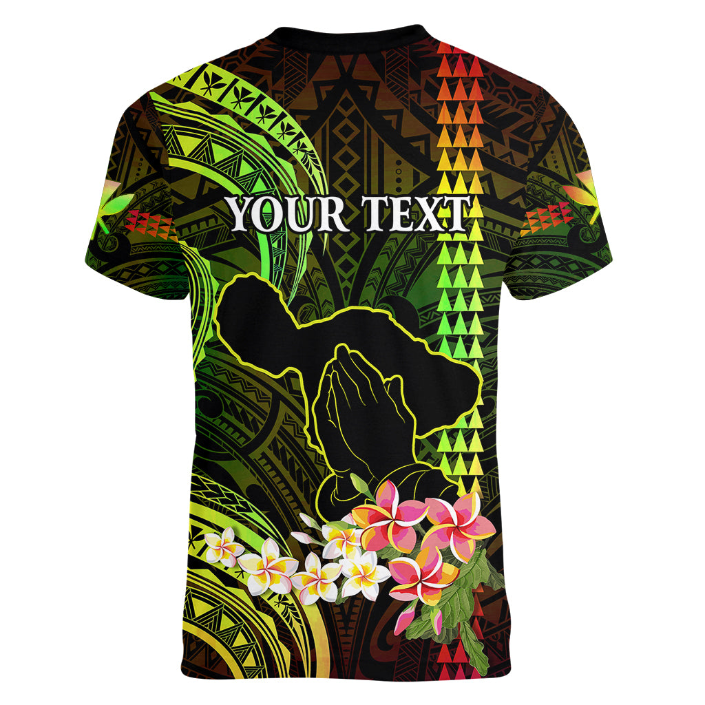 Personalised Hawaii Women V Neck T Shirt Pray For Maui Hawaiian Plumeria Be Strong Reggae Verison - Wonder Print Shop