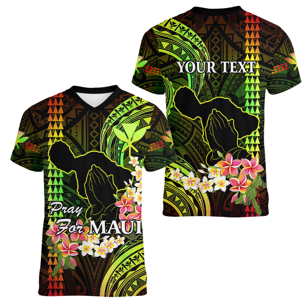 Personalised Hawaii Women V Neck T Shirt Pray For Maui Hawaiian Plumeria Be Strong Reggae Verison - Wonder Print Shop