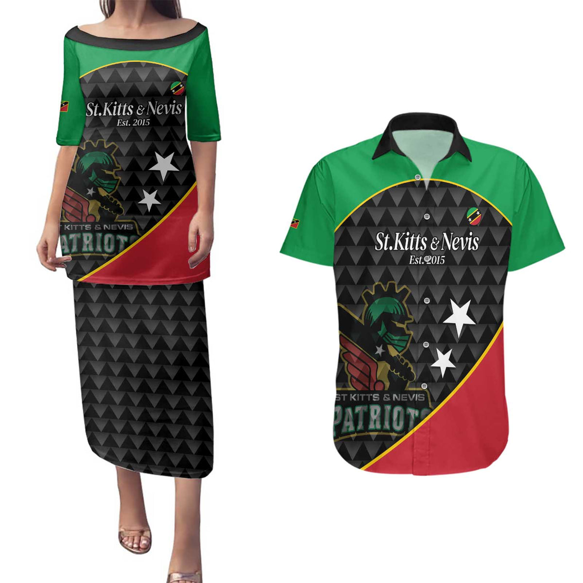 St Kitts and Nevis Cricket Custom Couples Matching Puletasi and Hawaiian Shirt 10th Anniversary Go Champions Patriots - Wonder Print Shop