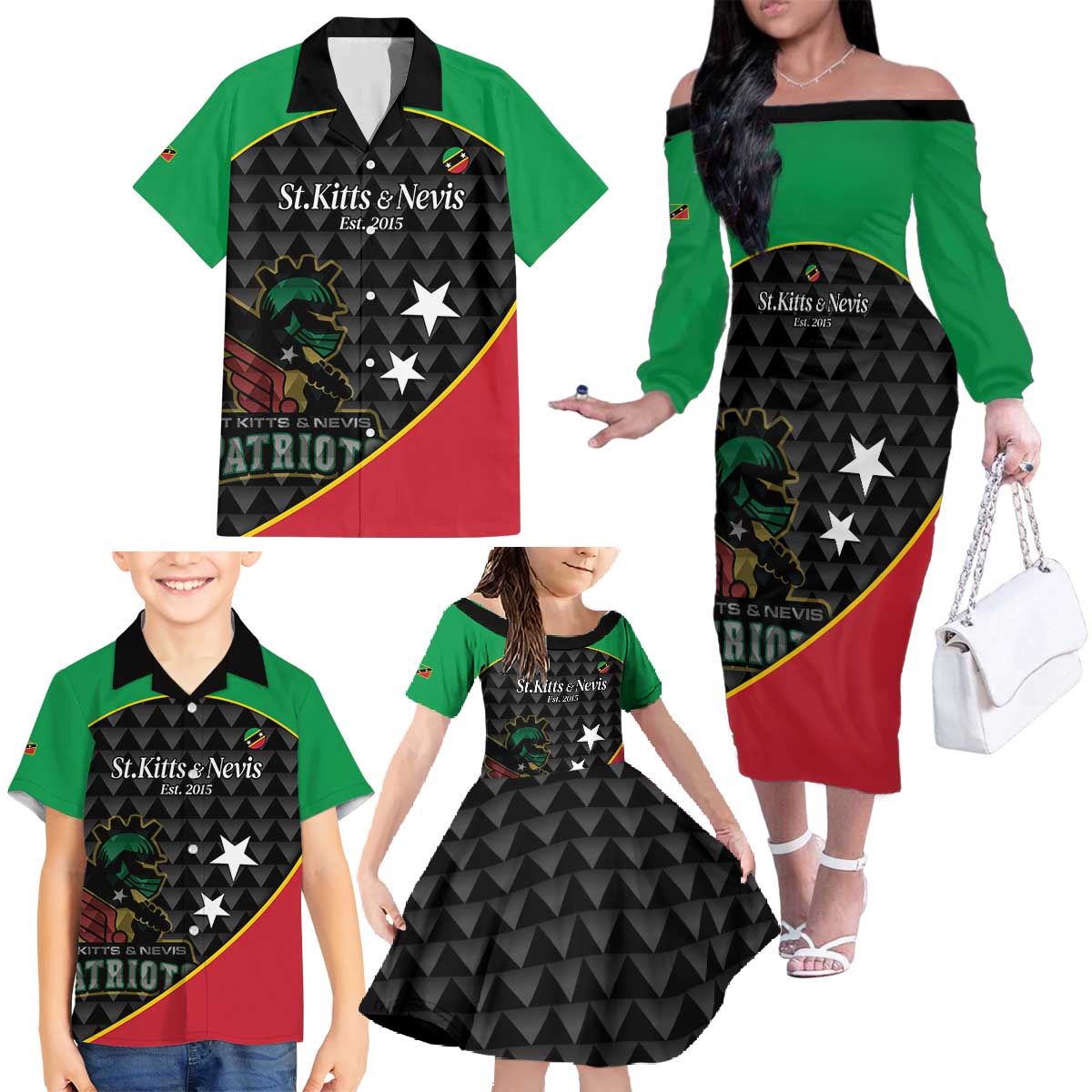 St Kitts and Nevis Cricket Custom Family Matching Off The Shoulder Long Sleeve Dress and Hawaiian Shirt 10th Anniversary Go Champions Patriots - Wonder Print Shop