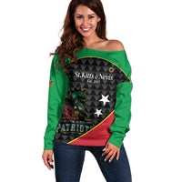 St Kitts and Nevis Cricket Custom Off Shoulder Sweater 10th Anniversary Go Champions Patriots - Wonder Print Shop