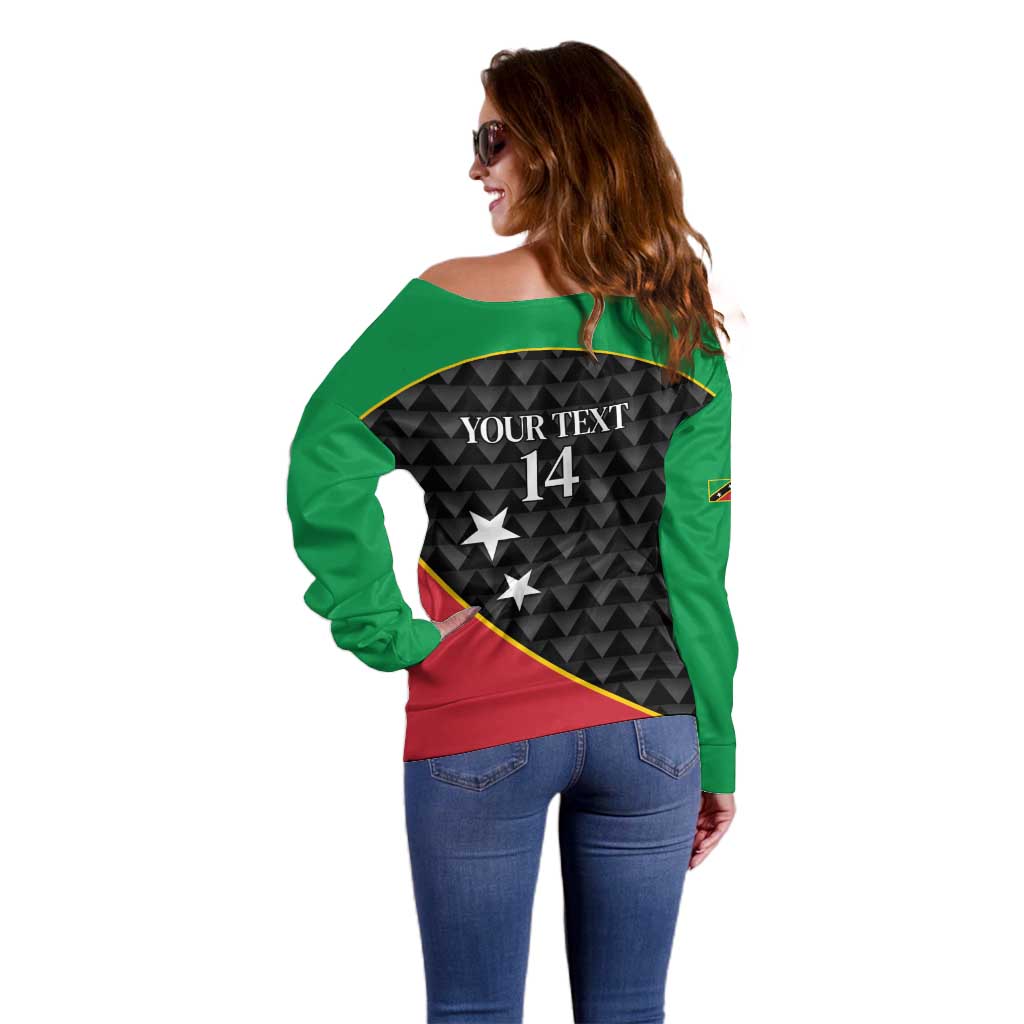 St Kitts and Nevis Cricket Custom Off Shoulder Sweater 10th Anniversary Go Champions Patriots - Wonder Print Shop