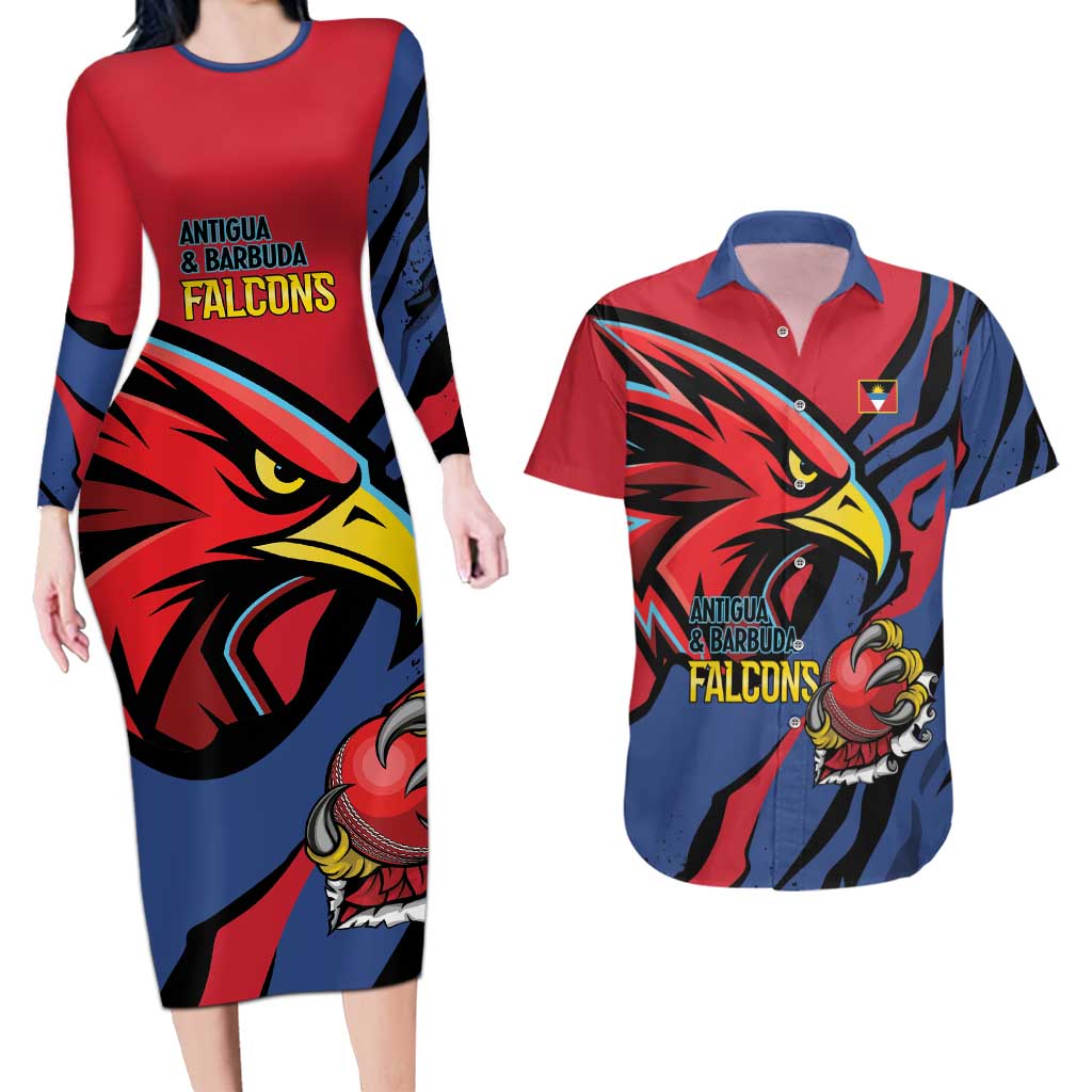 Antigua and Barbuda Cricket Custom Couples Matching Long Sleeve Bodycon Dress and Hawaiian Shirt Go Champions Falcons - Wonder Print Shop