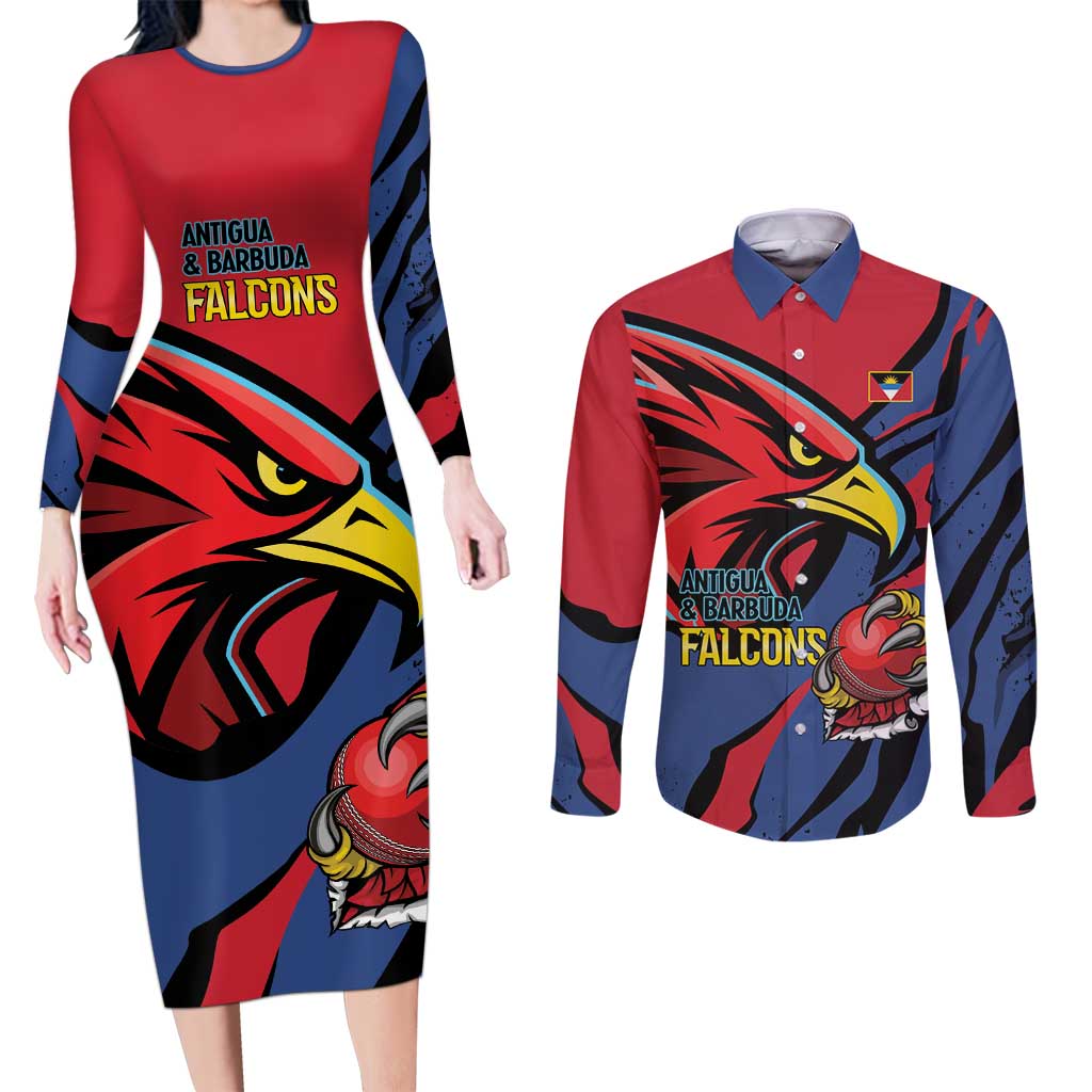 Antigua and Barbuda Cricket Custom Couples Matching Long Sleeve Bodycon Dress and Long Sleeve Button Shirt Go Champions Falcons - Wonder Print Shop