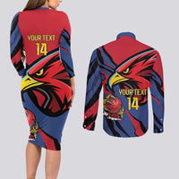 Antigua and Barbuda Cricket Custom Couples Matching Long Sleeve Bodycon Dress and Long Sleeve Button Shirt Go Champions Falcons - Wonder Print Shop