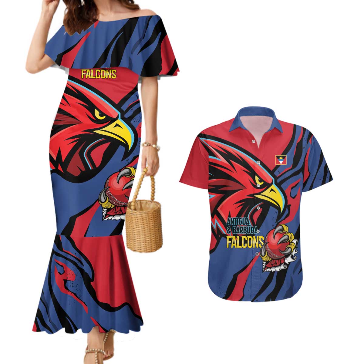 Antigua and Barbuda Cricket Custom Couples Matching Mermaid Dress and Hawaiian Shirt Go Champions Falcons - Wonder Print Shop