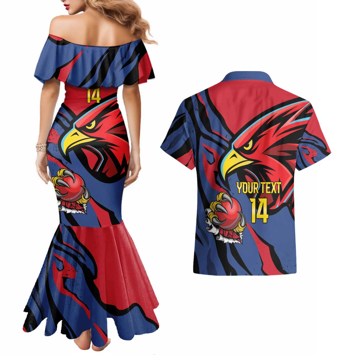 Antigua and Barbuda Cricket Custom Couples Matching Mermaid Dress and Hawaiian Shirt Go Champions Falcons - Wonder Print Shop