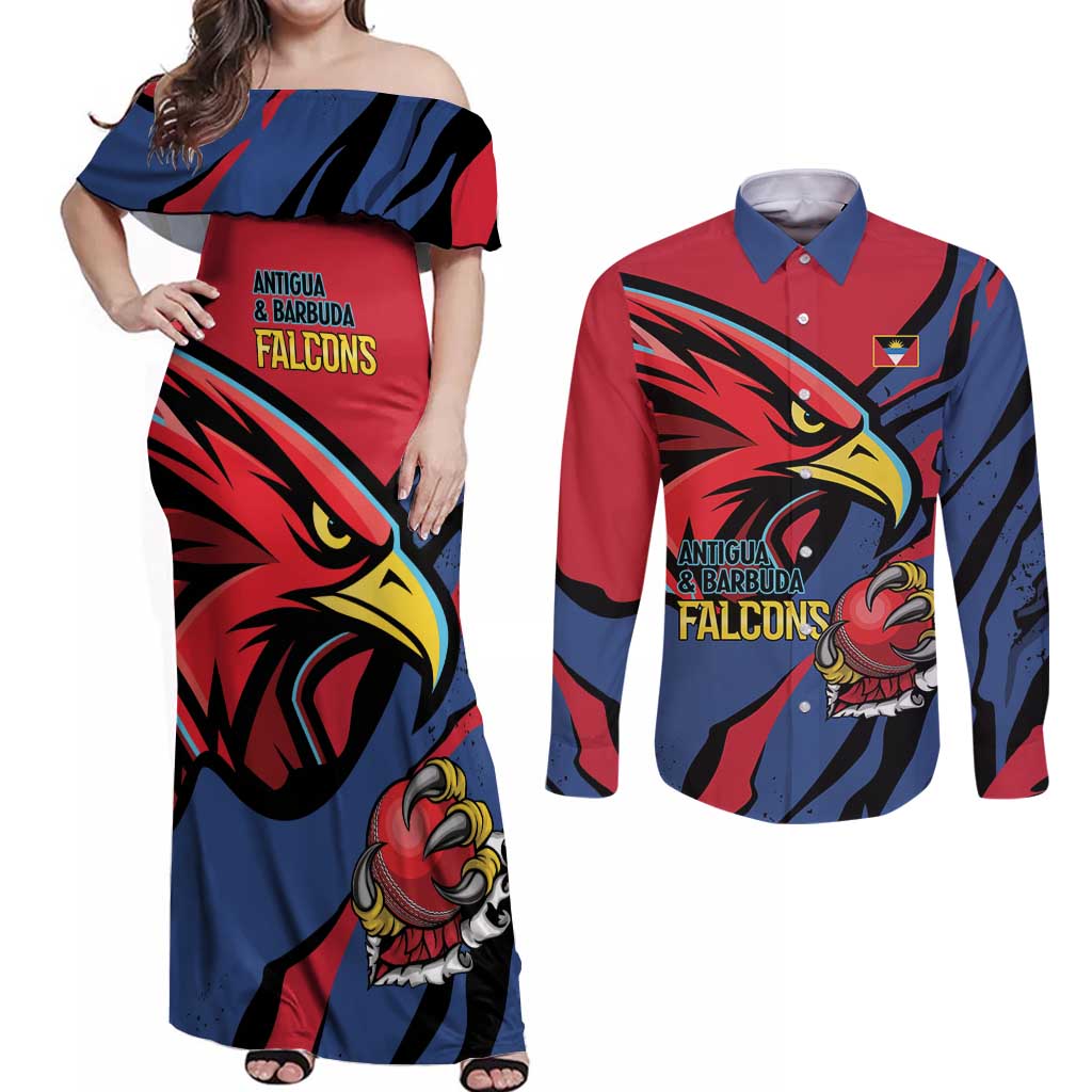 Antigua and Barbuda Cricket Custom Couples Matching Off Shoulder Maxi Dress and Long Sleeve Button Shirt Go Champions Falcons - Wonder Print Shop