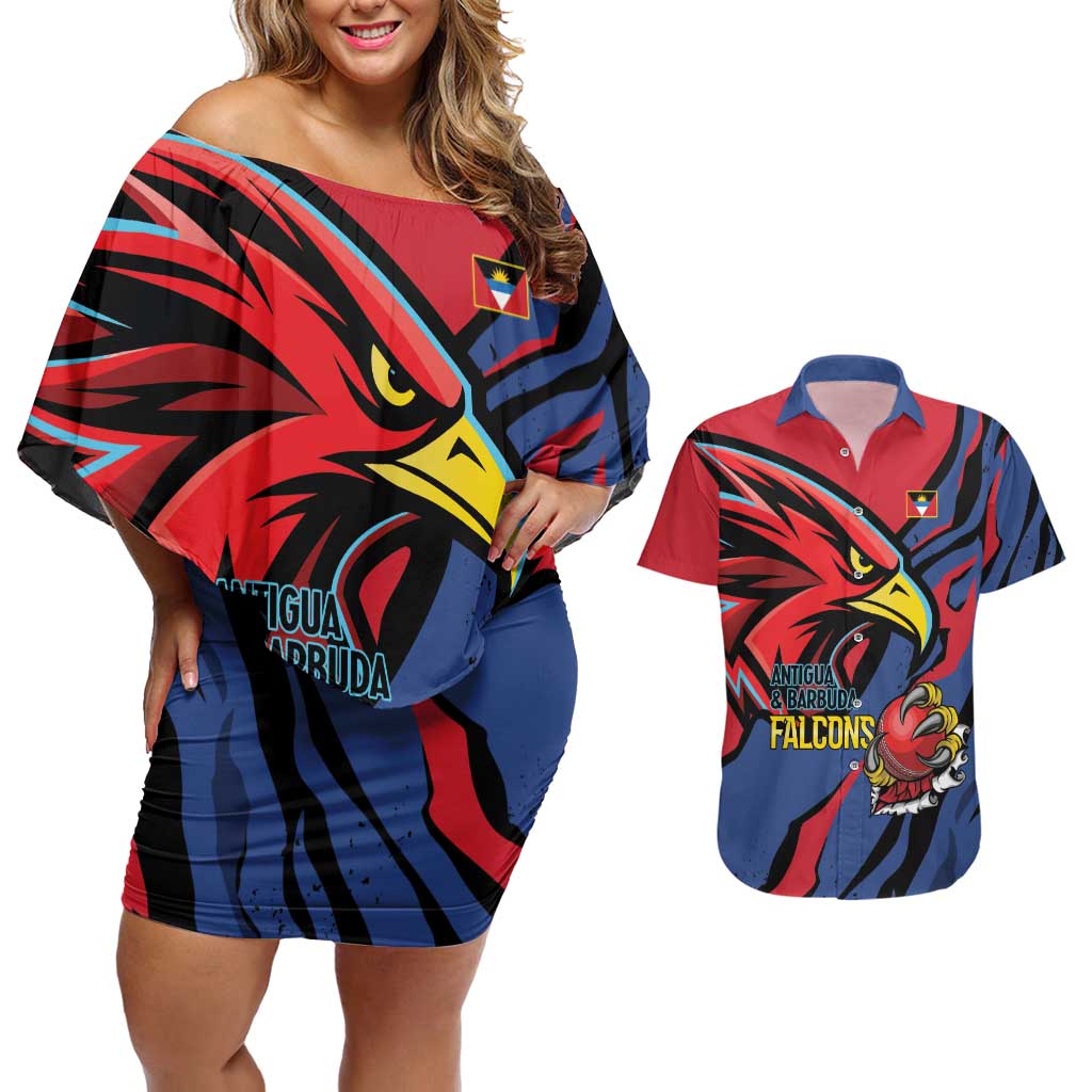 Antigua and Barbuda Cricket Custom Couples Matching Off Shoulder Short Dress and Hawaiian Shirt Go Champions Falcons - Wonder Print Shop