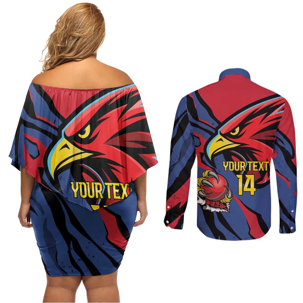 Antigua and Barbuda Cricket Custom Couples Matching Off Shoulder Short Dress and Long Sleeve Button Shirt Go Champions Falcons - Wonder Print Shop