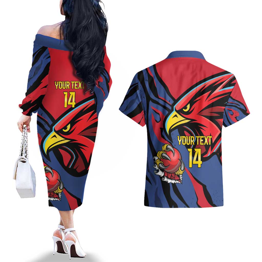 Antigua and Barbuda Cricket Custom Couples Matching Off The Shoulder Long Sleeve Dress and Hawaiian Shirt Go Champions Falcons - Wonder Print Shop