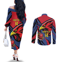 Antigua and Barbuda Cricket Custom Couples Matching Off The Shoulder Long Sleeve Dress and Long Sleeve Button Shirt Go Champions Falcons - Wonder Print Shop