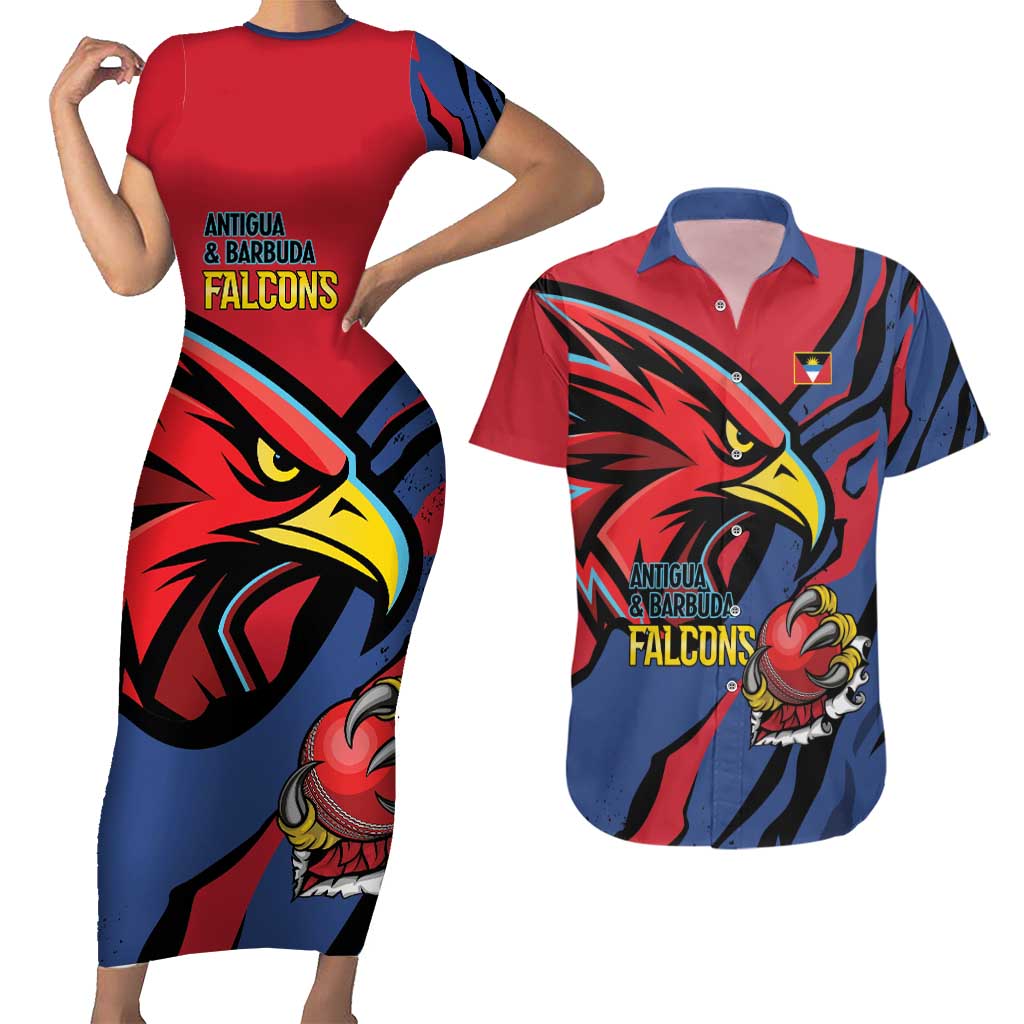 Antigua and Barbuda Cricket Custom Couples Matching Short Sleeve Bodycon Dress and Hawaiian Shirt Go Champions Falcons - Wonder Print Shop