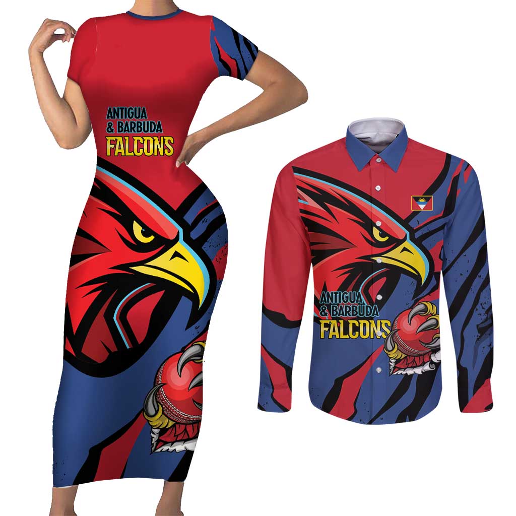 Antigua and Barbuda Cricket Custom Couples Matching Short Sleeve Bodycon Dress and Long Sleeve Button Shirt Go Champions Falcons - Wonder Print Shop