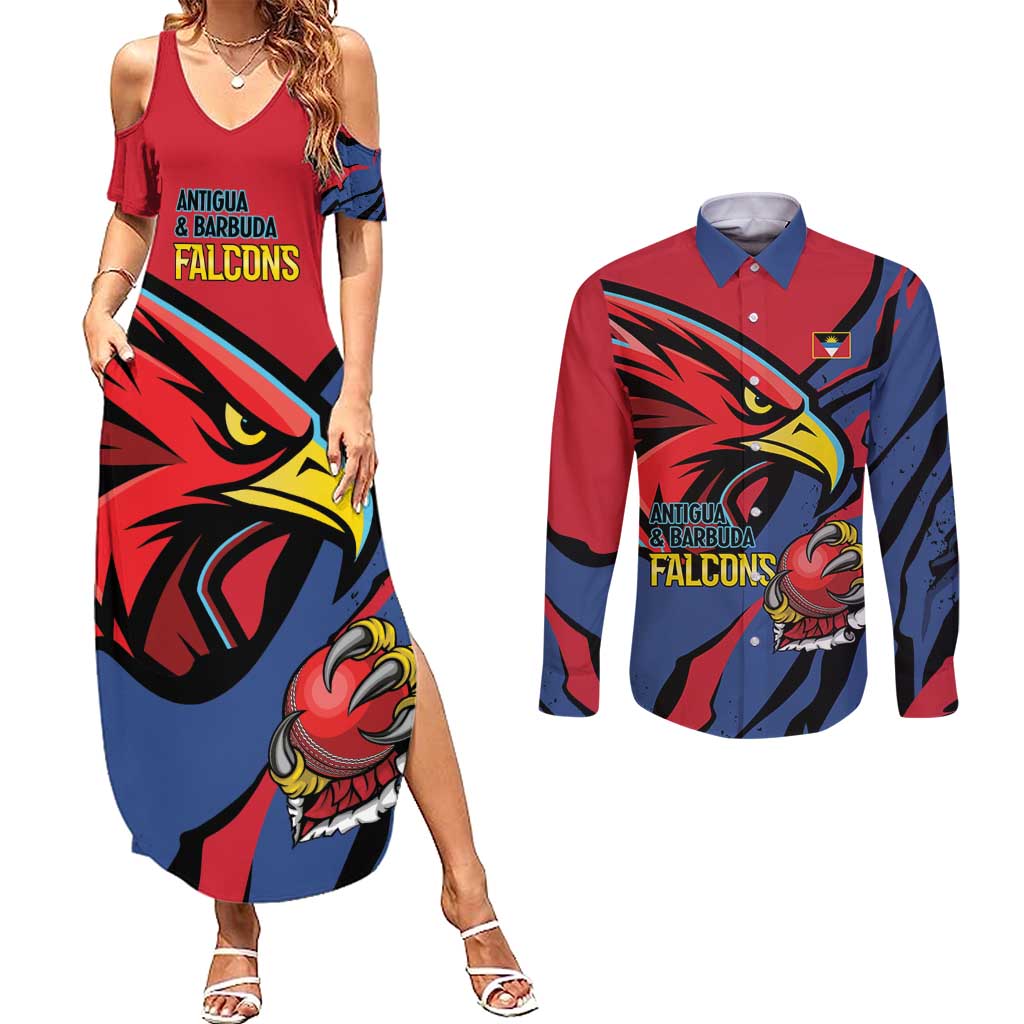 Antigua and Barbuda Cricket Custom Couples Matching Summer Maxi Dress and Long Sleeve Button Shirt Go Champions Falcons - Wonder Print Shop