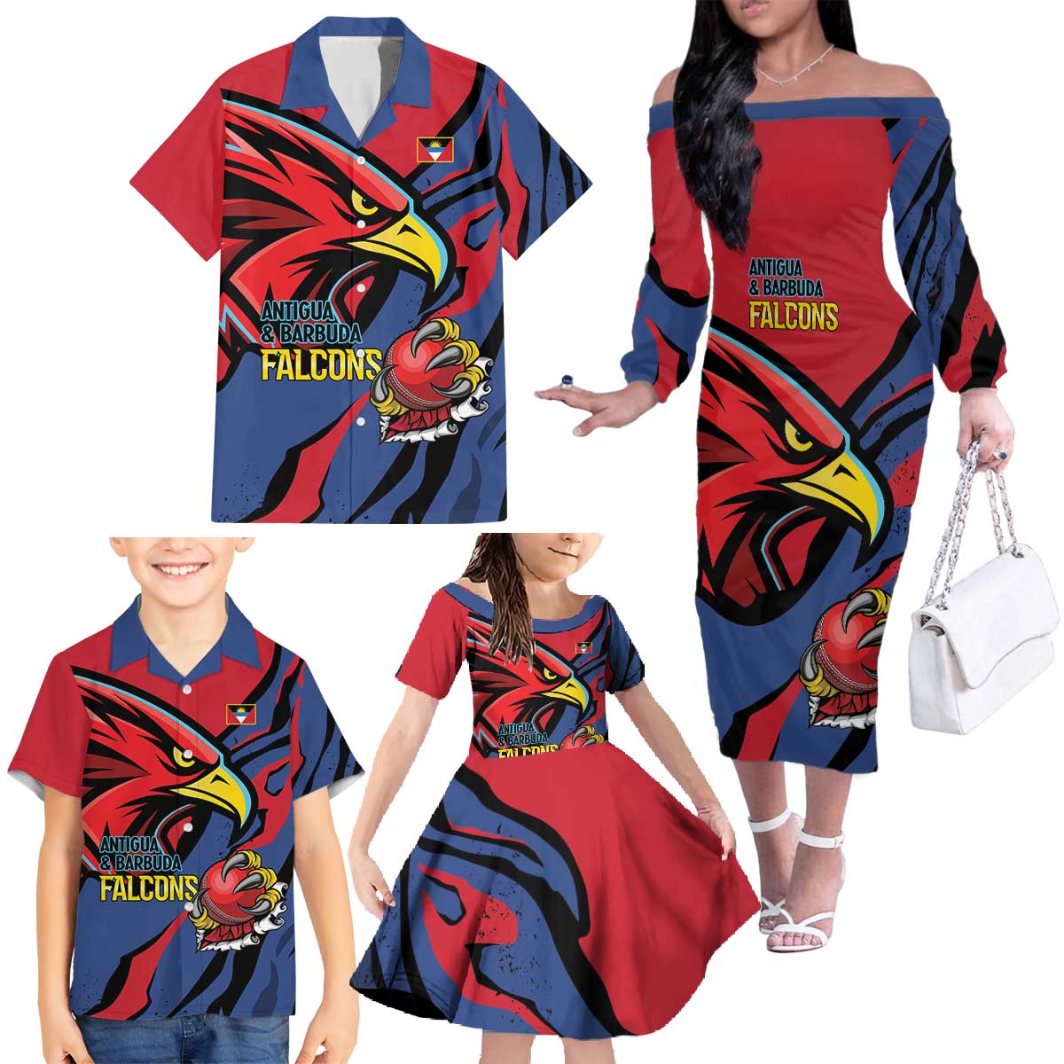 Antigua and Barbuda Cricket Custom Family Matching Off The Shoulder Long Sleeve Dress and Hawaiian Shirt Go Champions Falcons - Wonder Print Shop