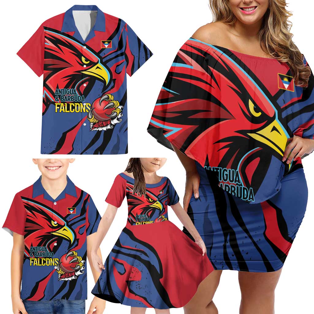 Antigua and Barbuda Cricket Custom Family Matching Off Shoulder Short Dress and Hawaiian Shirt Go Champions Falcons - Wonder Print Shop
