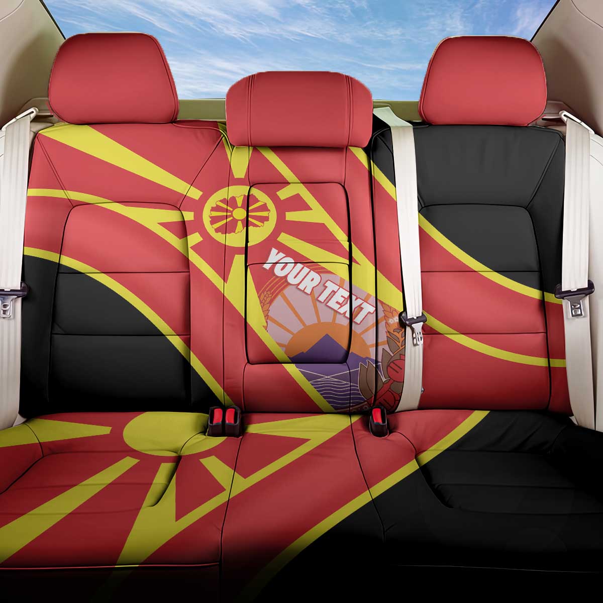 Personalised Macedonia National Day Back Car Seat Cover New Sun of Liberty Waves Style - Wonder Print Shop