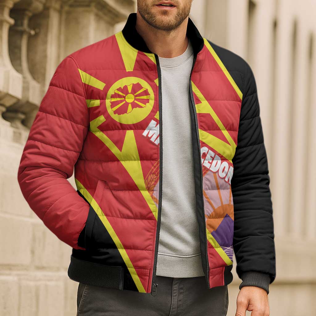 Personalised Macedonia National Day Bomber Puffer Jacket New Sun of Liberty Waves Style - Wonder Print Shop