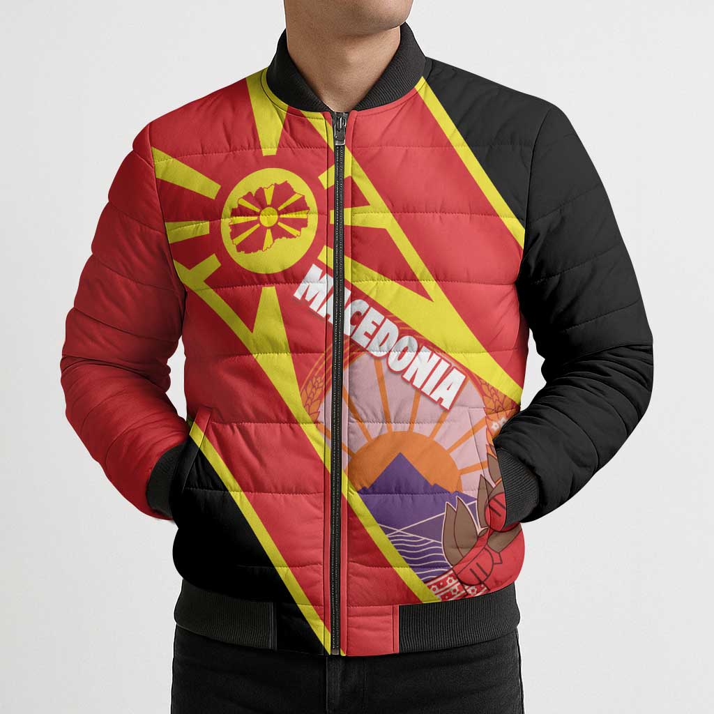 Personalised Macedonia National Day Bomber Puffer Jacket New Sun of Liberty Waves Style - Wonder Print Shop